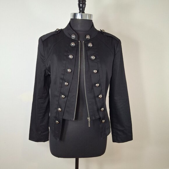 Womens Indie Goth Cropped Pea Coat Military Style Jacket Sz XL Epaulettes - Picture 2 of 16